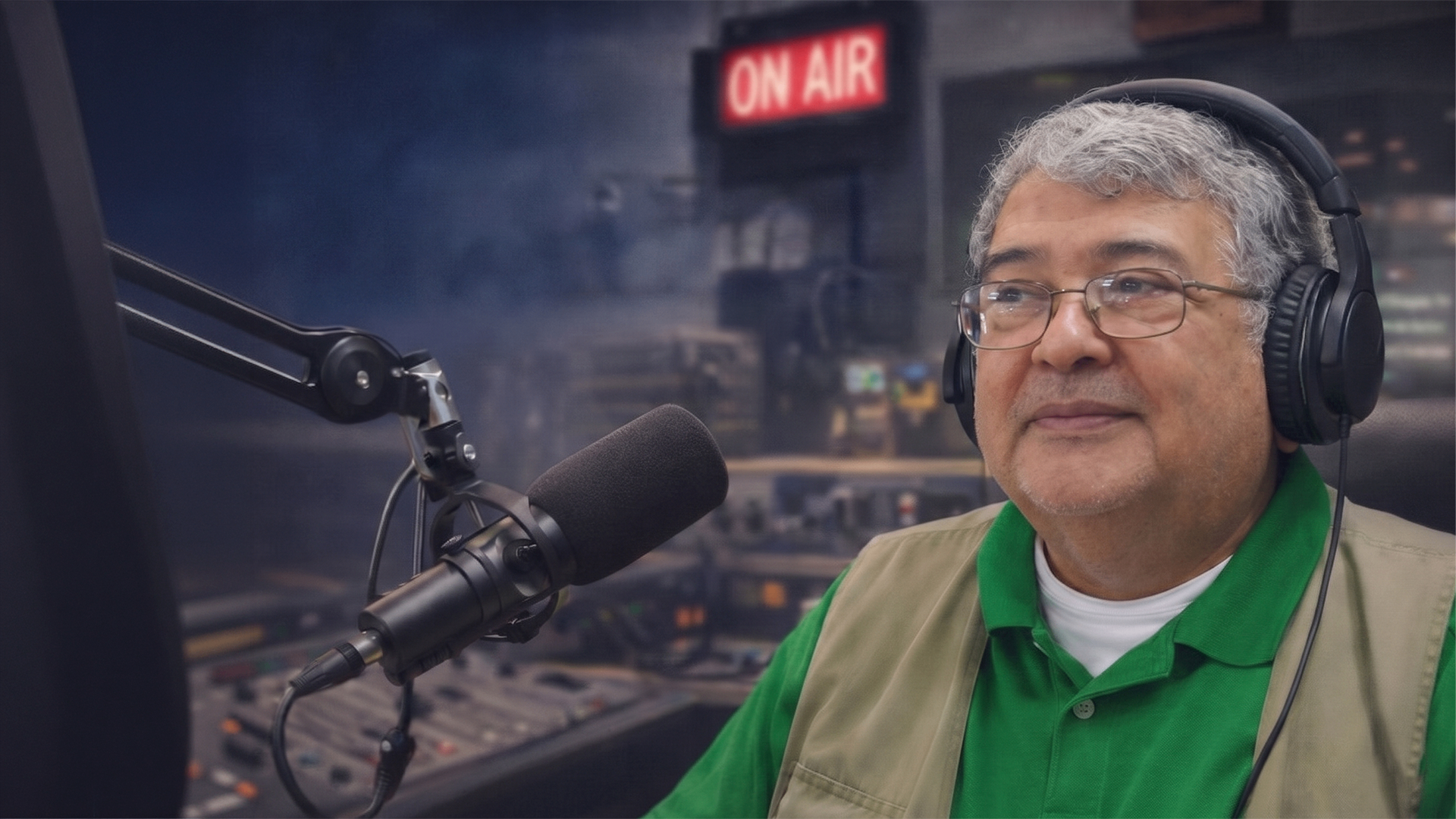 Apresentador de rádio no estúdio